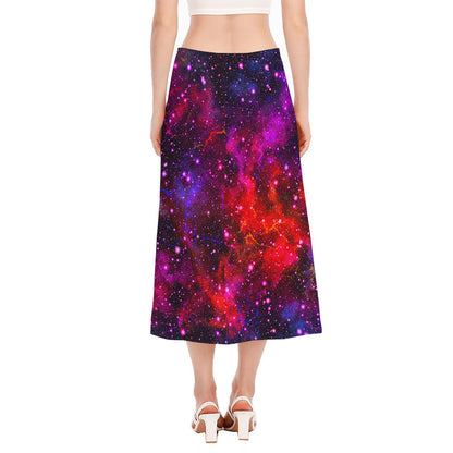 Purple Dark Galaxy Space Print Side Slit Midi Skirt