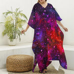 Purple Dark Galaxy Space Print Silk V-Neck Kaftan Dress