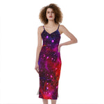 Purple Dark Galaxy Space Print Slim Fit Midi Cami Dress