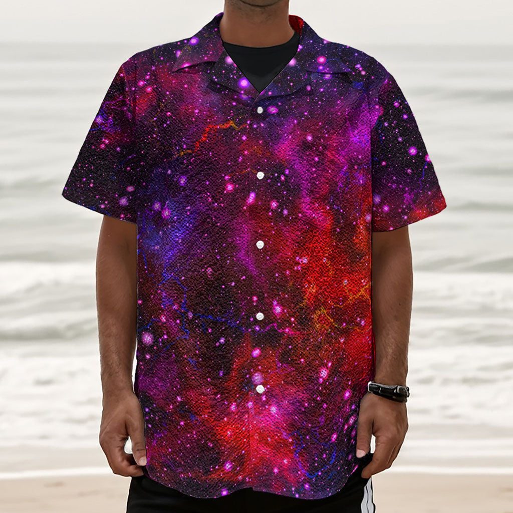 Purple Dark Galaxy Space Print Textured Short Sleeve Shirt