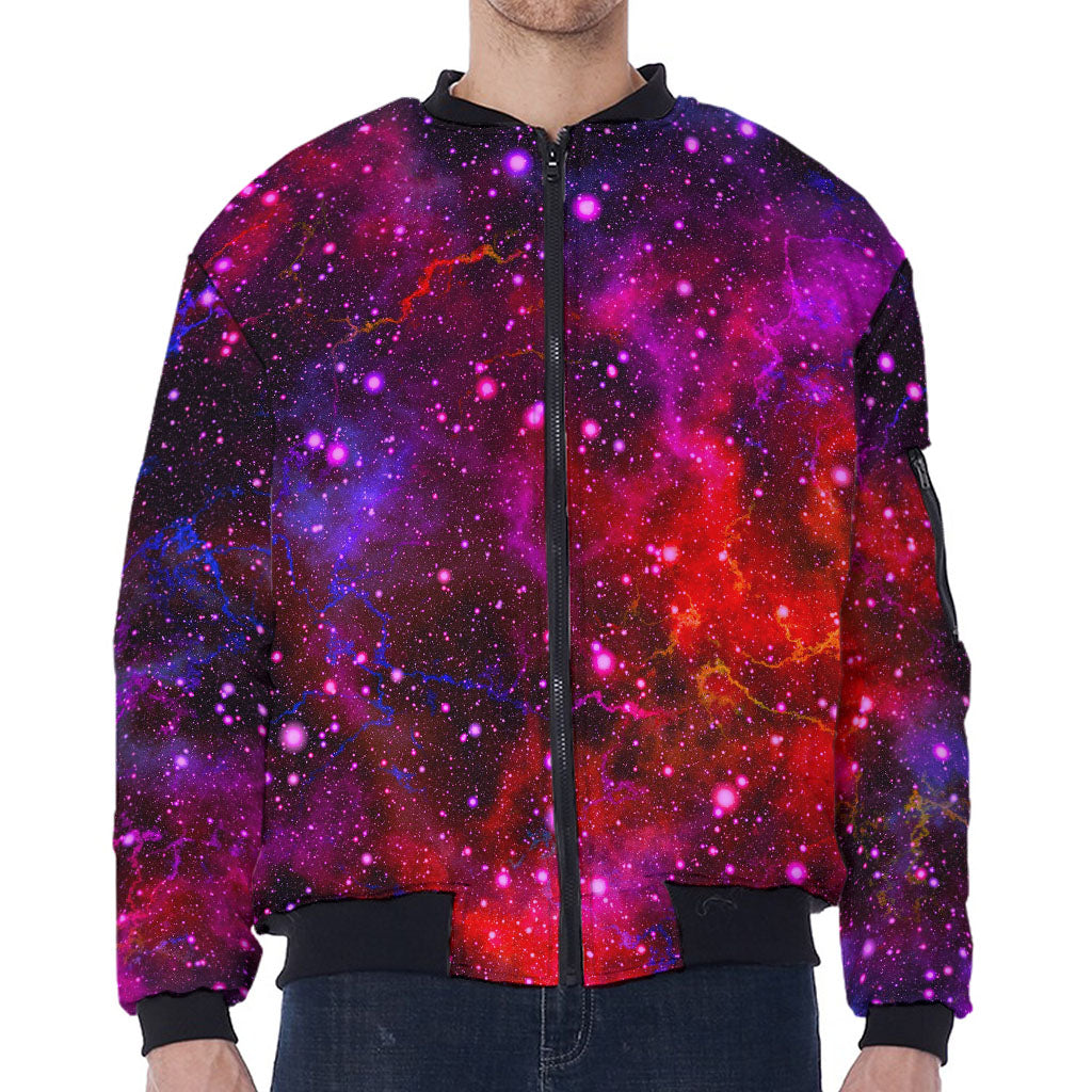 Purple Dark Galaxy Space Print Zip Sleeve Bomber Jacket