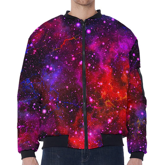 Purple Dark Galaxy Space Print Zip Sleeve Bomber Jacket