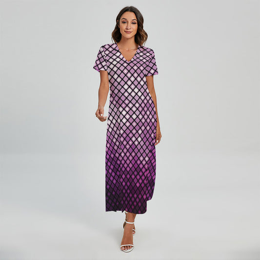 Purple Disco Lights Pattern Print Short Sleeve Maxi Dress