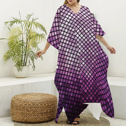 Purple Disco Lights Pattern Print Silk V-Neck Kaftan Dress