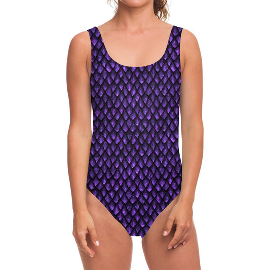 Purple Dragon Scales Pattern Print One Piece Swimsuit