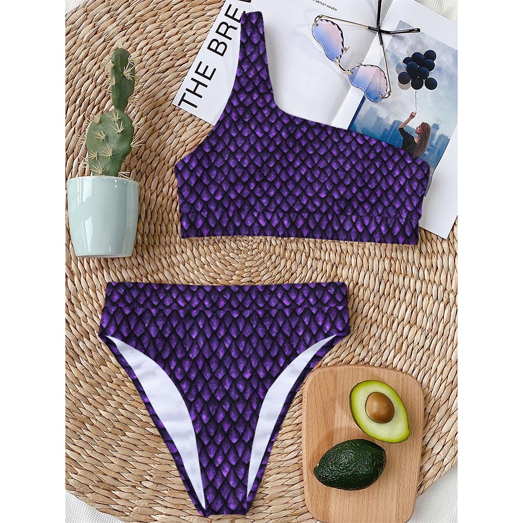 Purple Dragon Scales Pattern Print One Shoulder Bikini Top