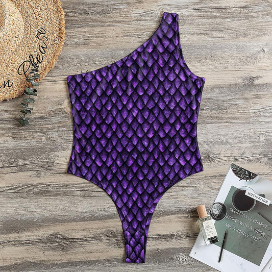 Purple Dragon Scales Pattern Print One Shoulder Bodysuit
