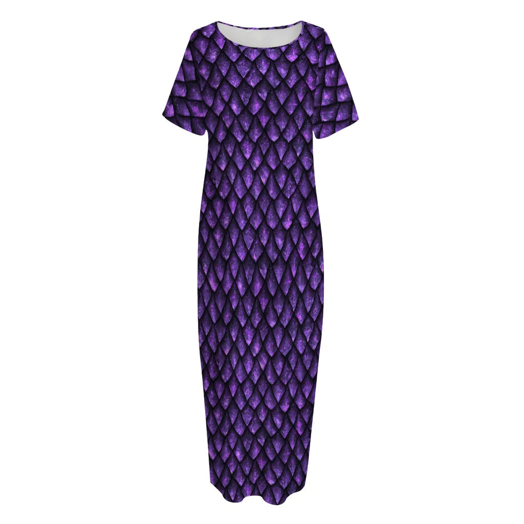 Purple Dragon Scales Pattern Print Short Sleeve Long Nightdress