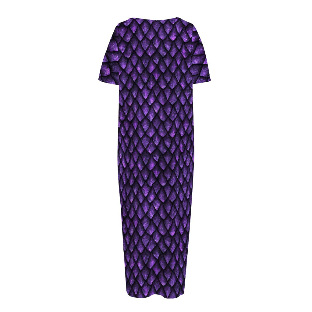 Purple Dragon Scales Pattern Print Short Sleeve Long Nightdress