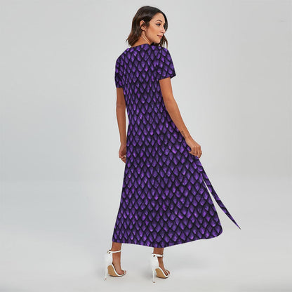 Purple Dragon Scales Pattern Print Short Sleeve Maxi Dress