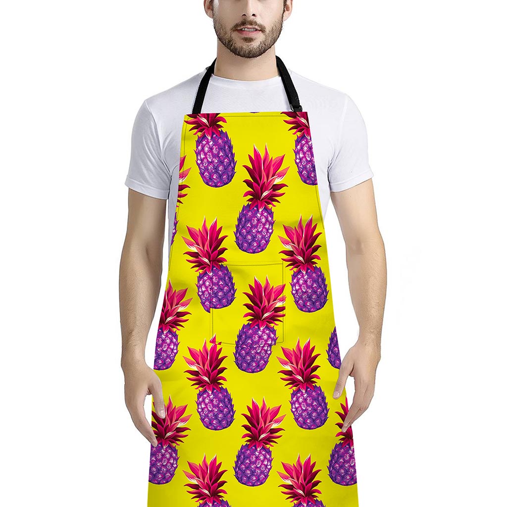 Purple EDM Pineapple Pattern Print Bib Apron With Pocket