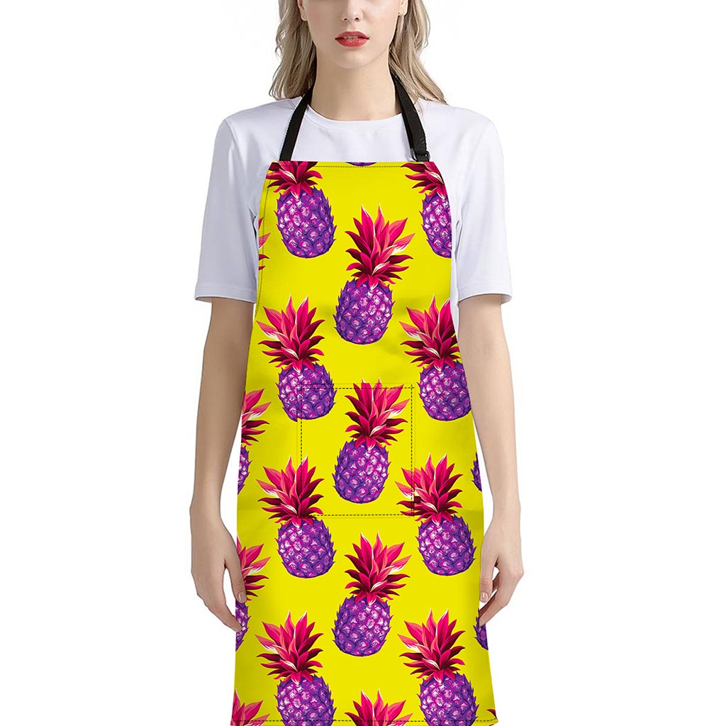 Purple EDM Pineapple Pattern Print Bib Apron With Pocket