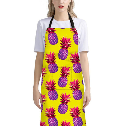 Purple EDM Pineapple Pattern Print Bib Apron With Pocket