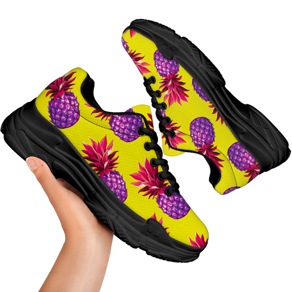 Purple EDM Pineapple Pattern Print Black Chunky Shoes