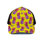 Purple EDM Pineapple Pattern Print Black Mesh Trucker Cap