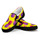 Purple EDM Pineapple Pattern Print Black Slip On Sneakers