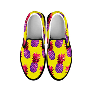 Purple EDM Pineapple Pattern Print Black Slip On Sneakers