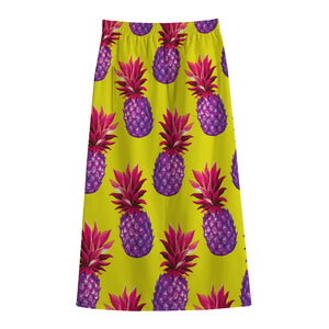 Purple EDM Pineapple Pattern Print Cotton Front Slit Maxi Skirt