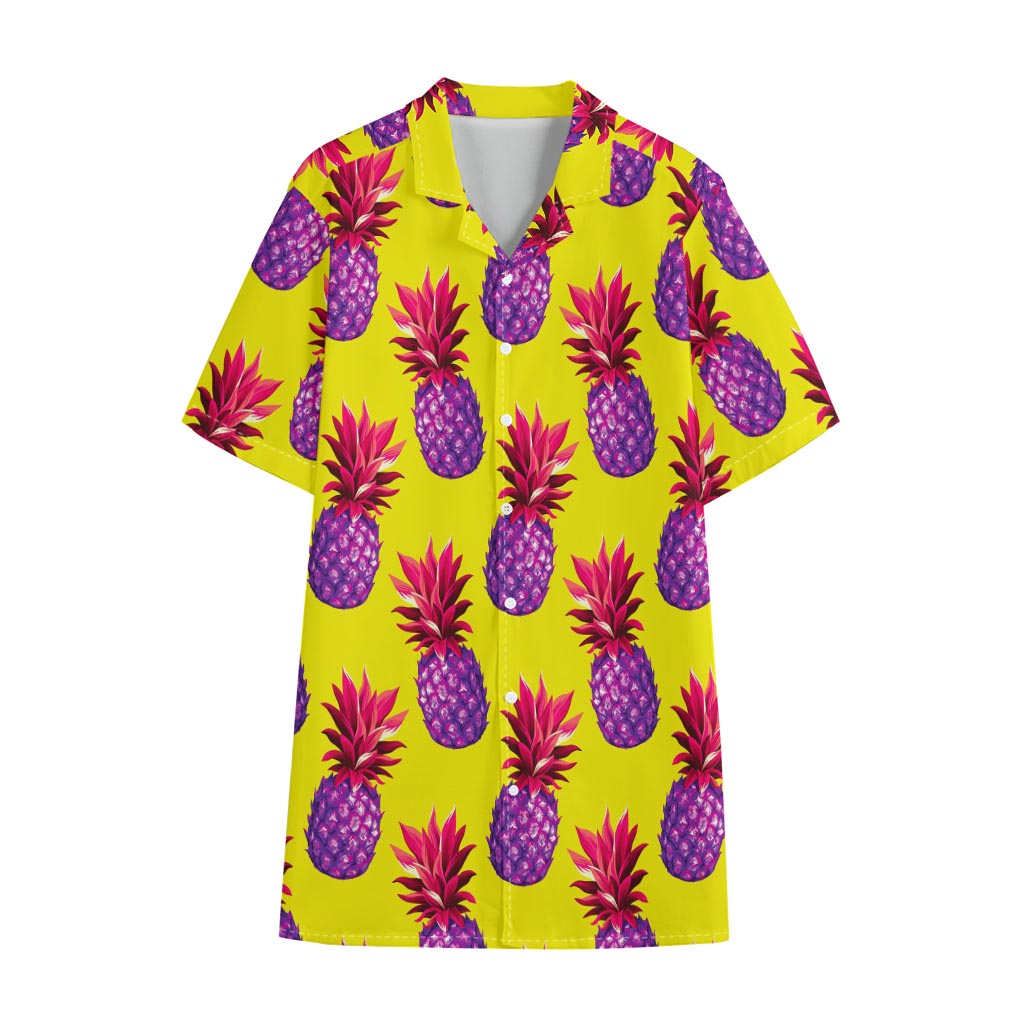 Purple EDM Pineapple Pattern Print Cotton Hawaiian Shirt