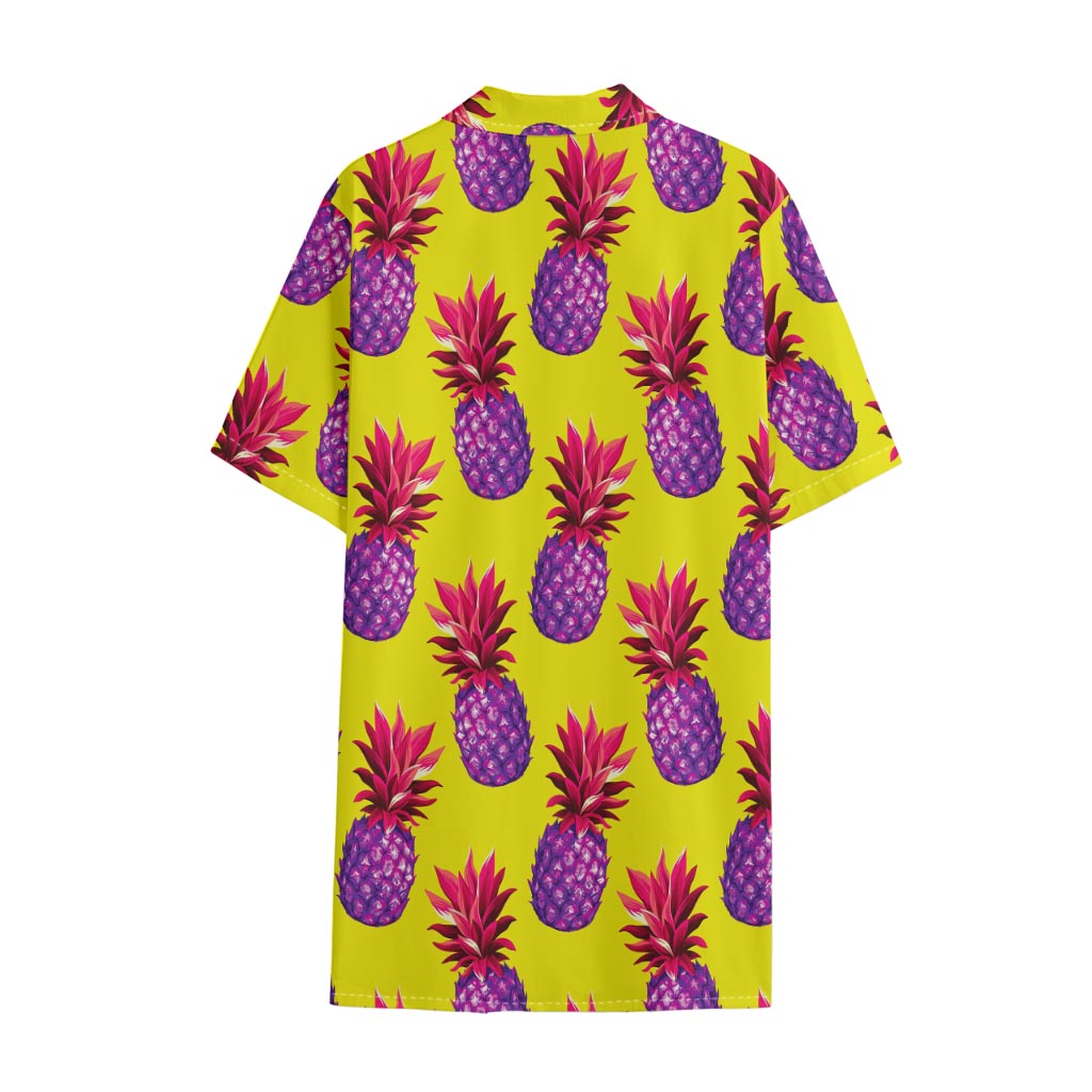 Purple EDM Pineapple Pattern Print Cotton Hawaiian Shirt