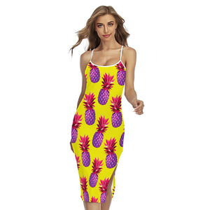 Purple EDM Pineapple Pattern Print Cross Back Cami Dress