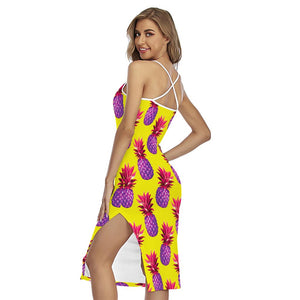 Purple EDM Pineapple Pattern Print Cross Back Cami Dress