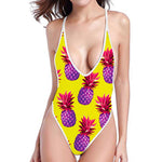 Purple EDM Pineapple Pattern Print High Cut One Piece Swimsuit