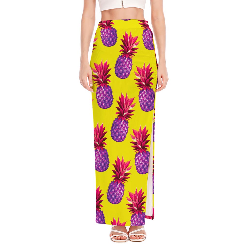 Purple EDM Pineapple Pattern Print High Slit Maxi Skirt