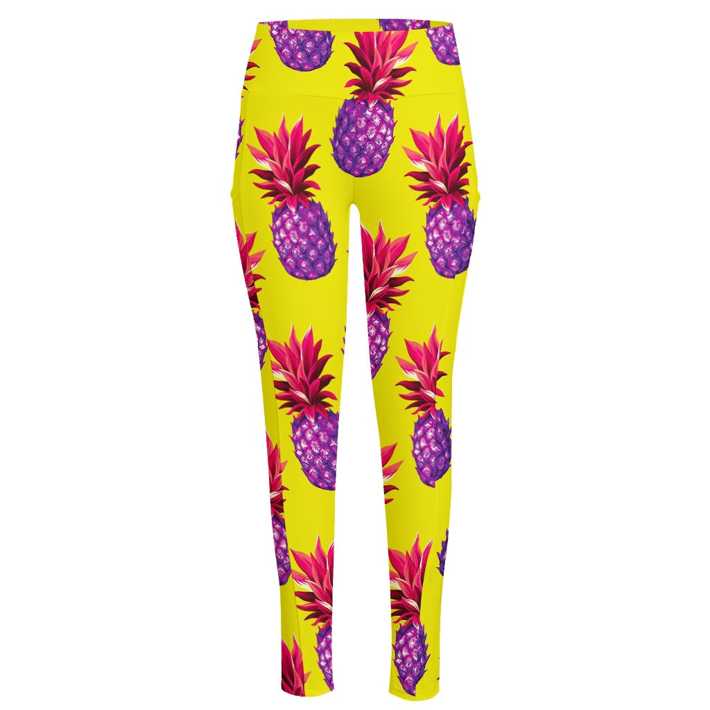 Purple EDM Pineapple Pattern Print High-Waisted Pocket Leggings