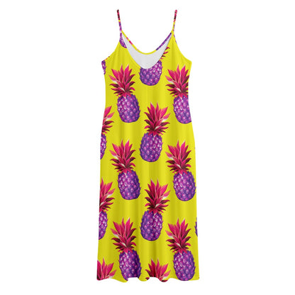 Purple EDM Pineapple Pattern Print Jersey Midi Cami Dress