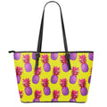 Purple EDM Pineapple Pattern Print Leather Tote Bag With Zipper