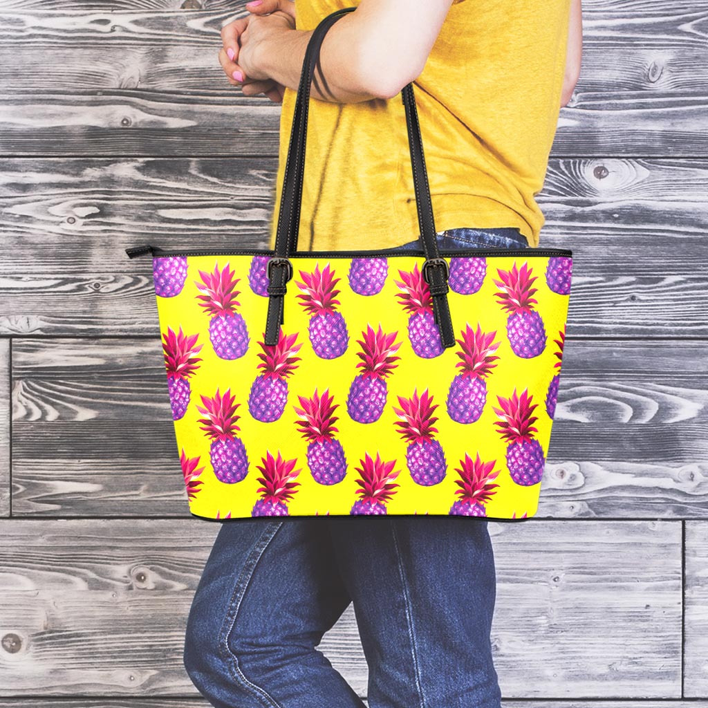 Purple EDM Pineapple Pattern Print Leather Tote Bag