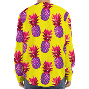 Purple EDM Pineapple Pattern Print Long Sleeve Baseball Jersey