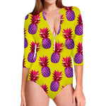 Purple EDM Pineapple Pattern Print Long Sleeve Swimsuit