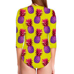 Purple EDM Pineapple Pattern Print Long Sleeve Swimsuit