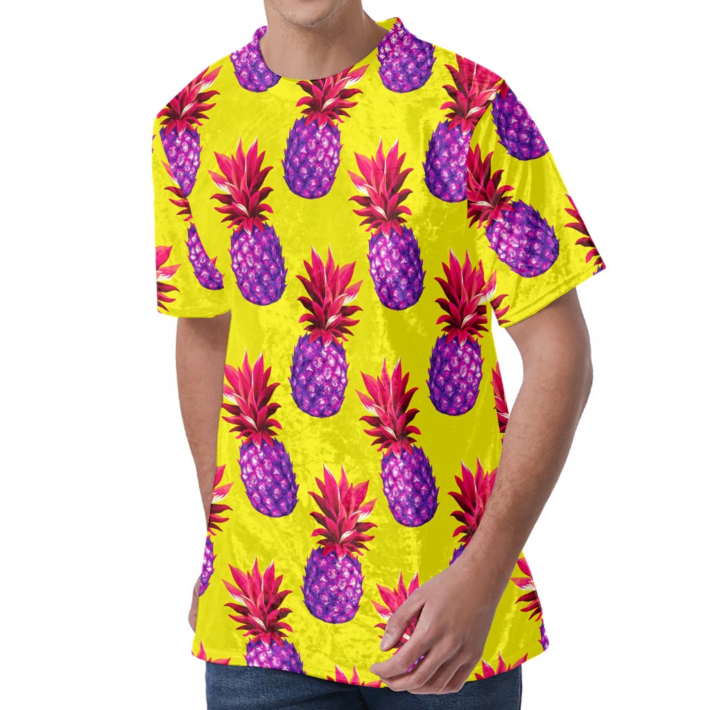 Purple EDM Pineapple Pattern Print Men's Velvet T-Shirt