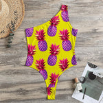 Purple EDM Pineapple Pattern Print One Shoulder Bodysuit