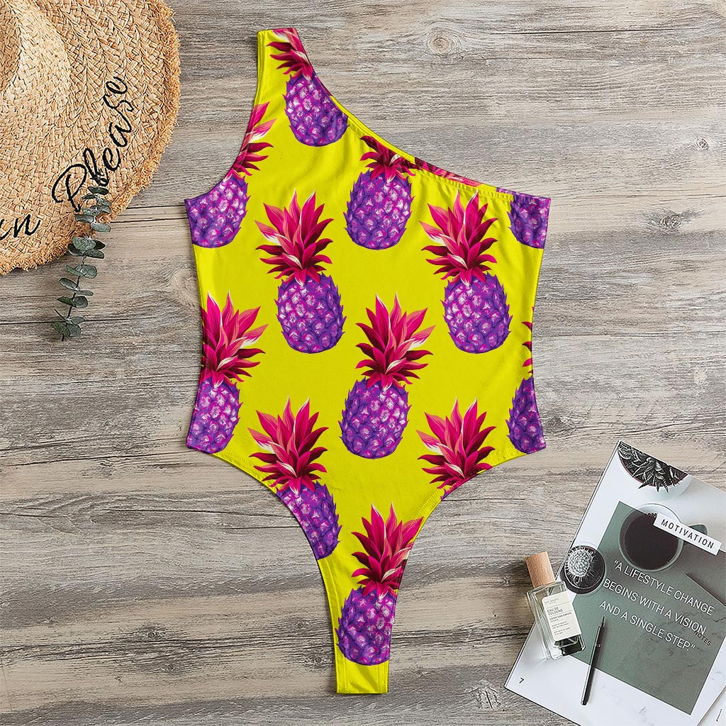 Purple EDM Pineapple Pattern Print One Shoulder Bodysuit