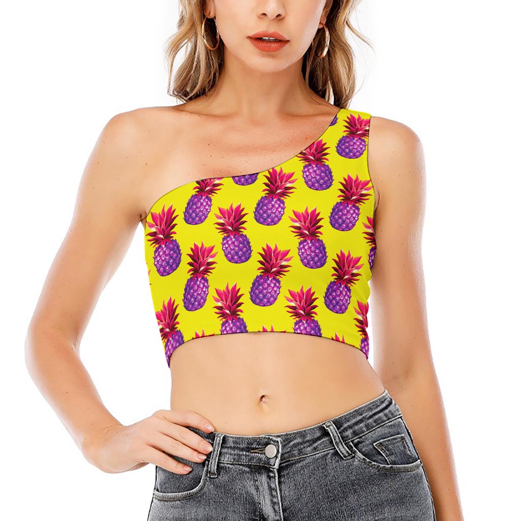 Purple EDM Pineapple Pattern Print One Shoulder Crop Top