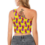 Purple EDM Pineapple Pattern Print One Shoulder Crop Top