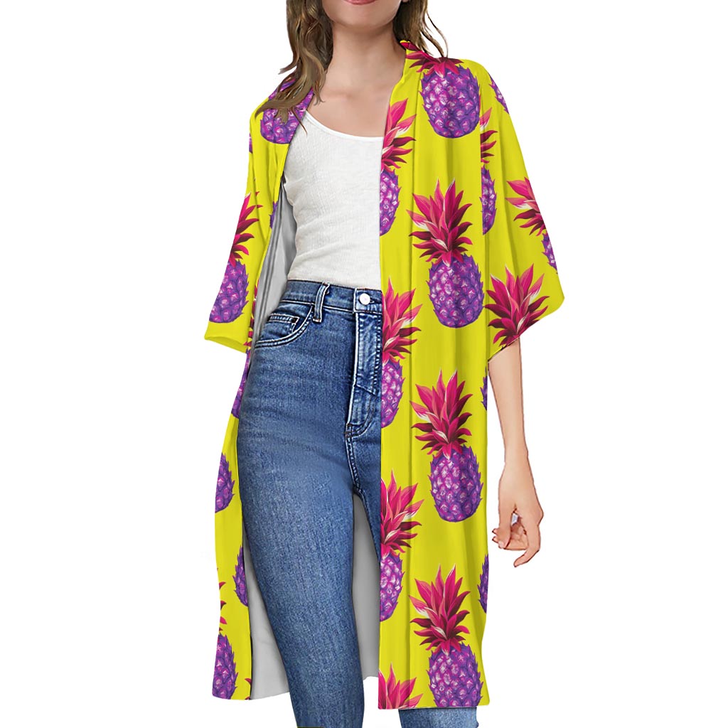 Purple EDM Pineapple Pattern Print Open Front Beach Cover Up