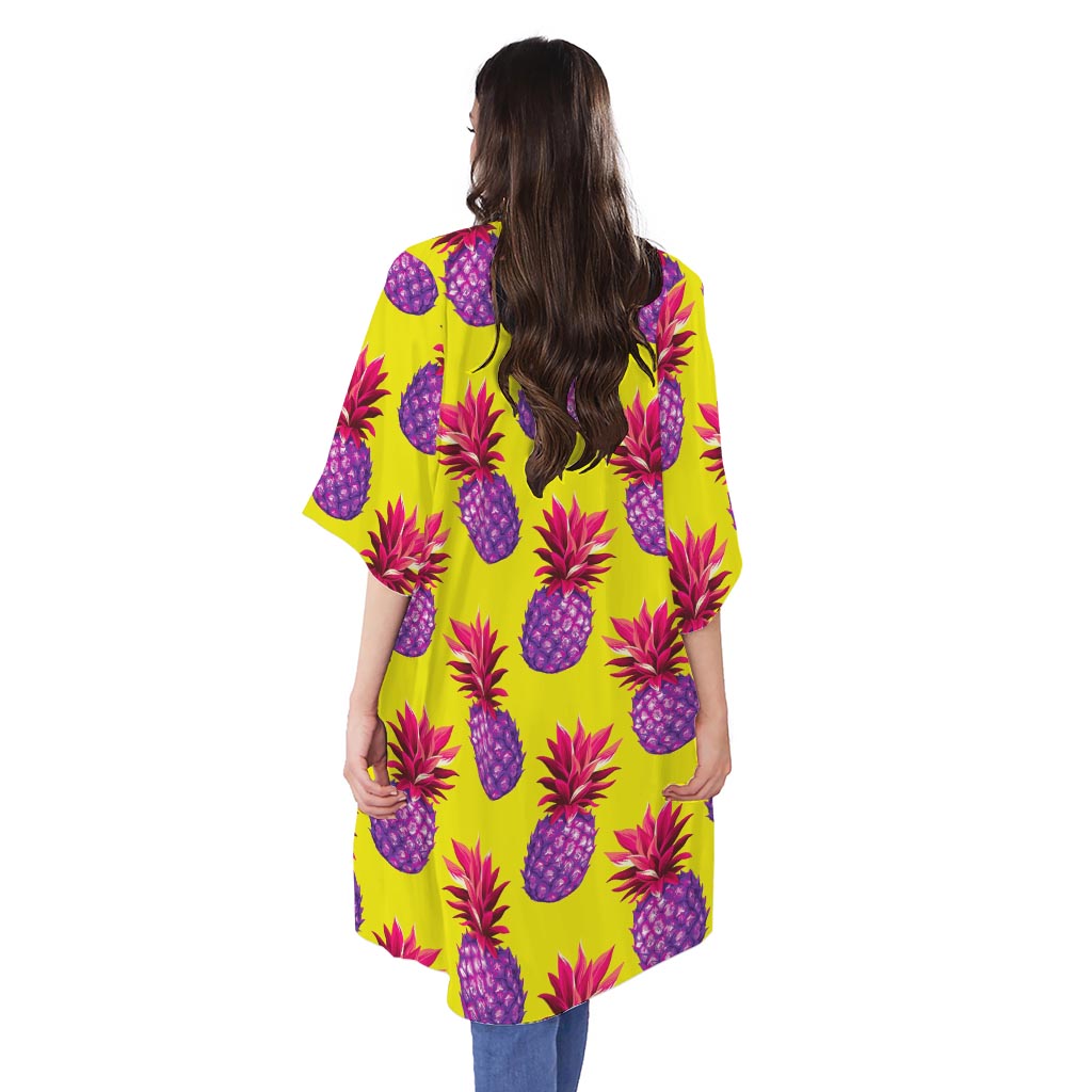 Purple EDM Pineapple Pattern Print Open Front Beach Cover Up