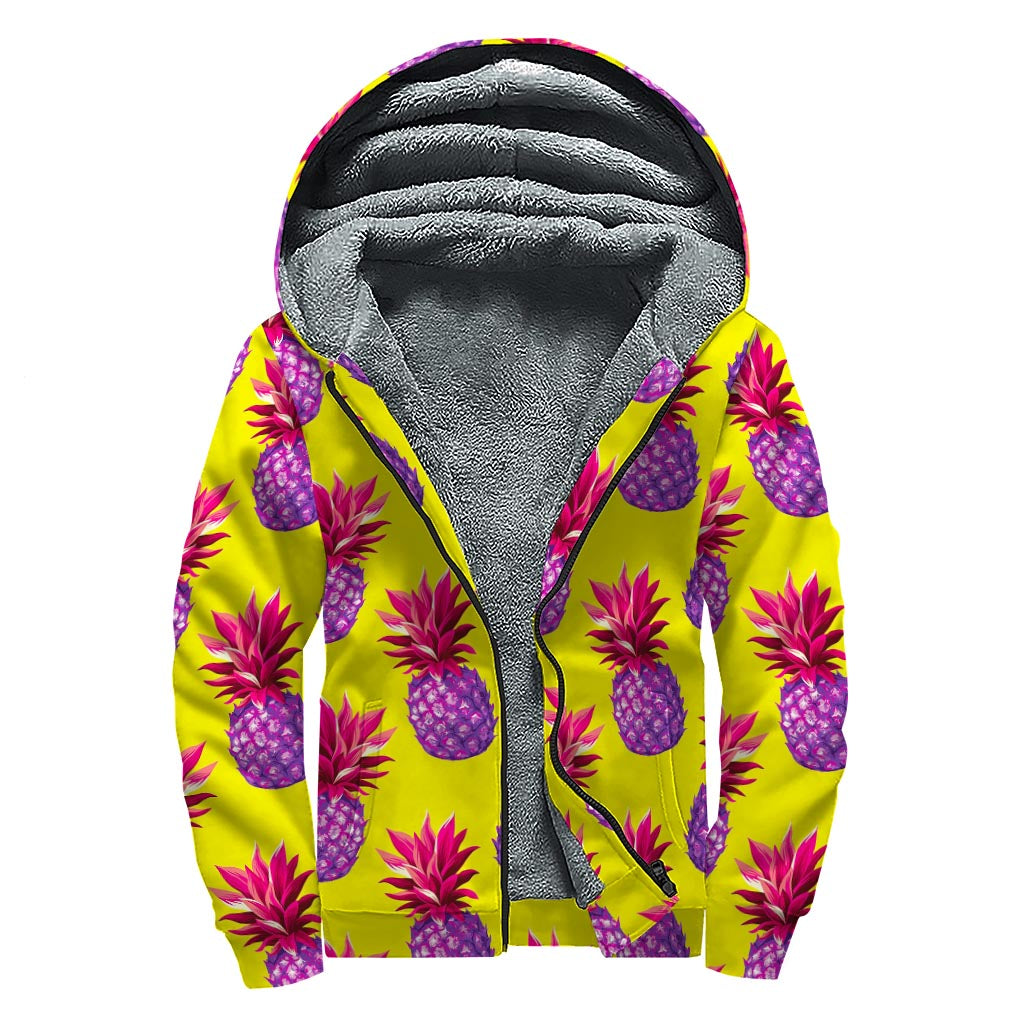 Purple EDM Pineapple Pattern Print Sherpa Lined Zip Up Hoodie