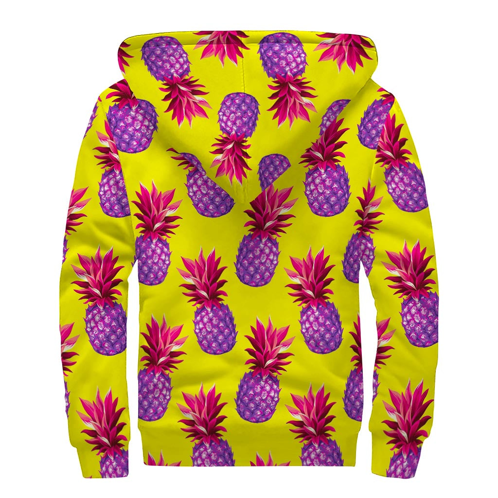 Purple EDM Pineapple Pattern Print Sherpa Lined Zip Up Hoodie