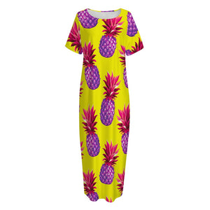 Purple EDM Pineapple Pattern Print Short Sleeve Long Nightdress