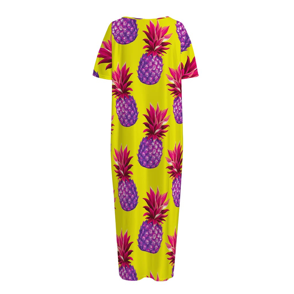 Purple EDM Pineapple Pattern Print Short Sleeve Long Nightdress