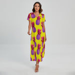 Purple EDM Pineapple Pattern Print Short Sleeve Maxi Dress