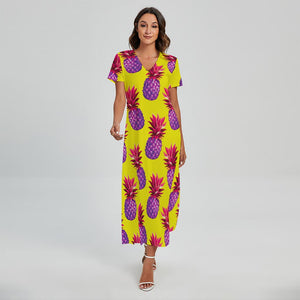 Purple EDM Pineapple Pattern Print Short Sleeve Maxi Dress