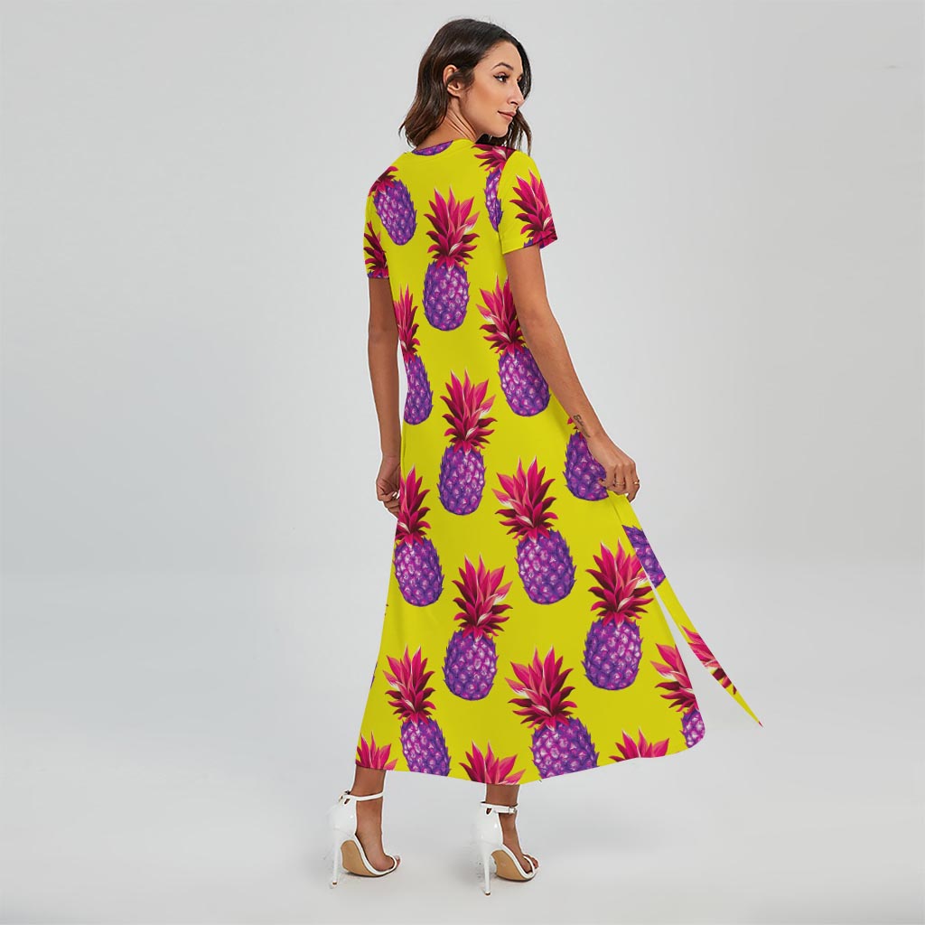 Purple EDM Pineapple Pattern Print Short Sleeve Maxi Dress