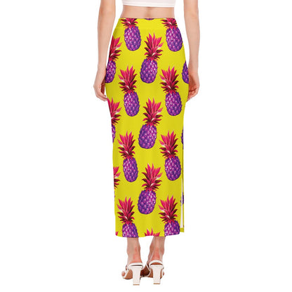 Purple EDM Pineapple Pattern Print Side Slit Maxi Skirt